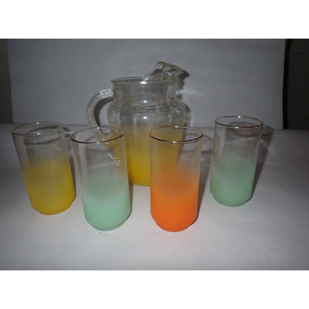 Vintage Frosted Ombre Glass Pitcher and 4 Tumbler Set Gold Rim Multi Color 5pc - Picture 6 of 15